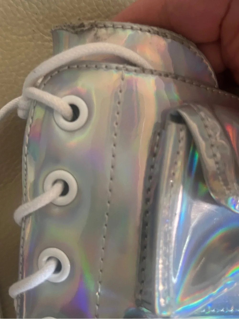 Dolls Kill YRU Dune Silver Hologram Pocket Platform Boots, Sz 9M